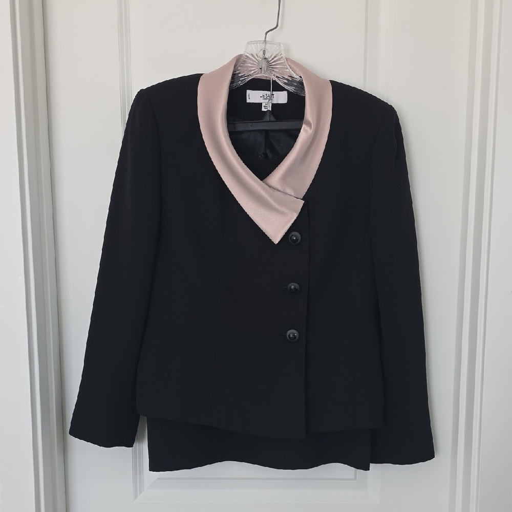 Le Suit Black Suit with Cream Satin Collar and Pencil Skirt